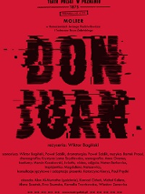 Na czerwonum tle czarny niewyraźny tytuł i informacje o spektaklu.