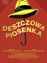 Grafika przedstawiająca parasol w kształcie kapelusza i krople wody pod nim. Na środku plakatu tytuł spektaklu, u dołu plakatu informacje na temat przedstawienia. Czerwone tło.