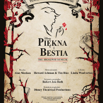 Plakat w beżowo-brązowych kolorach, na środku zarys twarzy tytułowej Bestii z dłonią trzymającą czerwoną różę. Pod rysunkiem informacje na temat spektaklu.