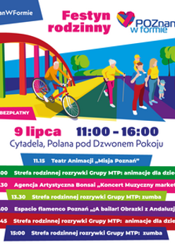 Plakat jest kolorowy, są na nim grafiki przedstawiające ludzi, którzy przechodzą przez ulicę, kobieta z mężczyzną i dziećmi, starsza pani chodząca o kijkach oraz pan na rowerze. Na plakacie znajdują się informacje opisane w opisie.