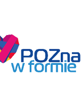 Tło plakau jest białe, znajduje się na nim po lewej stronie serce w kolorach różowym, żółtym oraz niebieskim, na prawo od serca jest niebieski napisa "POZnan w formie".