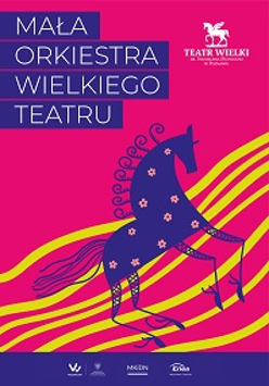Na tle różowego tła i żółtych linii rysunek fioletowego konia. Na górze plakatu tytuł wydarzenia.
