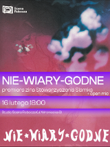 Grafika w czerwono-fioletowym kolorze. Białe napisy informujące o wydarzeniu, w tle jakieś nieokreślone, rozmazane kształty.