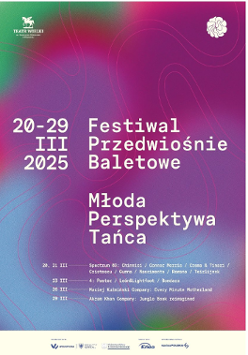 na różowym tle informacje o festiwalu Przedwiośnie Baletowe: data festiwalu, daty i tytuły spektakli, logotyp teatru