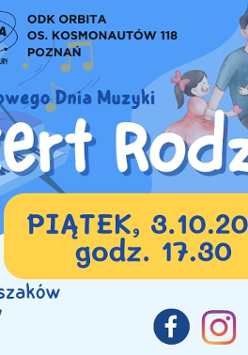 Ilustracja przedstawiająca rodzinę: dorosłego mężczyznę, kobietę oraz dwoje dzieci, dziewczynkę w sukience z kokardą we włosach i chłopca w zielonej bluzce, którego mężczyzna trzyma na kolanach. Rodzina siedzi razem obok siebie. Obok nich z prawej strony widać niemowlę, a z lewej znajduje się pianino. Niebieskie tło. Szczegółowe informacje na temat wydarzenia zawarte w treści artykułu.