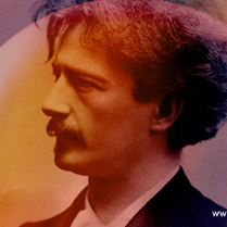 na pomarańczowo żółtym tle widoczny profil Ignacego Jana Paderewskiego