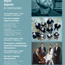 Trzy grafiki z prawej strony. Górna grafika przedstawia zdjęcie mężczyzny z brodą w niebieskim świetle. Środkowa prezentuje zdjęcie grupy muzyków zrobione od góry. Dolna grafika to portret kwartetu smyczkowego, dwie kobiety i dwóch mężczyzn. Z lewej strony lista występujących osób i kompozytorów.