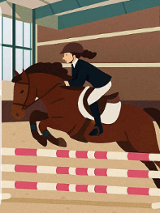 Grafika przedstawiająca dziewczynę siedzącą na koniu. Przeskakują oni przeszkodę na zawodach. Z lewej strony na białym tle informacje na temat wydarzenia zawarte w treści artykułu.