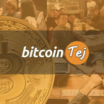 Logo Bitcoin Tej na tle dużej, złotej monety bitcoina oraz zdjęć ludzi pracujących przy komputerach i rozmawiających w grupie.