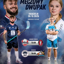 Po lewej stronie stoi zawodnik w granatowym stroju z kijem do unihokeja, po prawej zawodniczka w biało-niebieskim stroju z rękami skrzyżowanymi. Tło jest niebieskie z efektem dymu i światła. W środkowej części szczegółowe informacje na temat wydarzenia zawarte w treści artykułu.