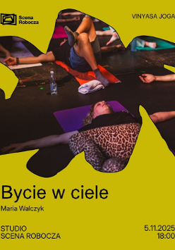 Zielone tło. Na środku plakatu zdjęcie. Grupa osób leżących na matach do jogi w ciemnym pomieszczeniu, wykonujących relaksacyjne ćwiczenia. W tle widoczne są butelki z wodą i ręce rozłożone na boki. Wokół napisy. Szczegóły wydarzenia zawarte w treści artykułu.