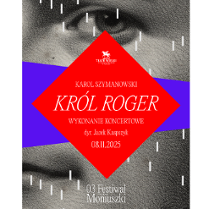 w tle fragment twarzy z widocznym okiem i ustami, na tym niebieska szeroka linia biegnąca w poprzek plakatu oraz czerwony romb z informacjami o spektaklu