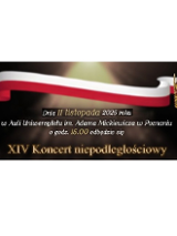 na ciemnym tle po lewej stronie widoczny wizerunek Bolesława Chrobrego, pośrodku biało-czerwona flaga, a po prawej stronie królewska korona. Poniżej informacje o koncercie.