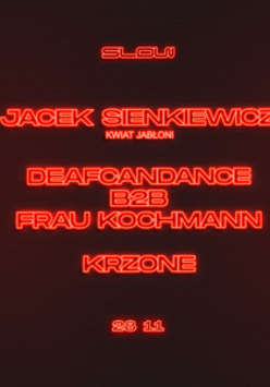 Ciemna, minimalistyczna grafika z neonowym, czerwonym tekstem. Na plakacie widać artystów występujących podczas wydarzenia. Informacje zawarte w treści artykułu.