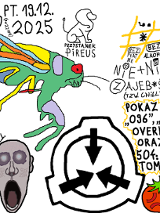 Kolorowy plakat w stylu rysunków odręcznych z programu Paint na białym tle. Na plakacie widoczny jest wielobarwny owad, logotyp Fundacji SCP, w lewym dolnym rogu twarz obiektu SCP-096, a w prawym górnym rogu obiekt SCP-504, logo i nazwa klubu dyskusyjnego oraz szczegóły na temat wydarzenia zawarte w treści artykułu.