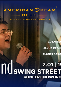 Plakat koncertu jazzowego w klubie American Dream Club. Po lewej stronie śpiewająca kobieta z mikrofonem na tle zasłon, po prawej fortepian. Na froncie informacje o wydarzeniu zawarte w treści artykułu.