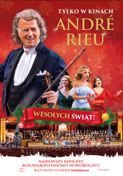 Świąteczny plakat. Na pierwszym planie André Rieu. Obok śpiewaczki na czerwonym tle z motywami świątecznymi. Na dole wstęga z napisem "Wesołych Świąt". Poniżej zdjęcie muzyków na scenie.