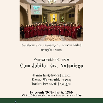 Grupa osób stojących w kilku rzędach, ubranych w jednakowe, czerwone stroje stroje. Powyżej tytuł wydarzenia, poniżej informacje zawarte w treści artykułu. W dolnym lewym rogu widać zdjęcie Kościoła Świętego Franciszka w Poznaniu.