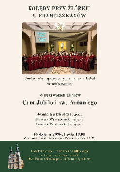 Grupa osób stojących w kilku rzędach, ubranych w jednakowe, czerwone stroje stroje. Powyżej tytuł wydarzenia, poniżej informacje zawarte w treści artykułu. W dolnym lewym rogu widać zdjęcie Kościoła Świętego Franciszka w Poznaniu.