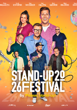 Kolorowy plakat z grupą uśmiechniętych komików i komiczek ustawionych centralnie na pomarańczowym tle. Postacie w różnorodnych, swobodnych strojach, część z nich wykonuje gesty rękoma. Wokół widać konfetti, mikrofon oraz naklejkę z napisem: "2026 Tour".