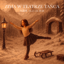 Rysunek w ciepłych beżowych kolorach, przedstawiający dziewczynkę w tanecznej pozie na tle zimowego krajobrazu.