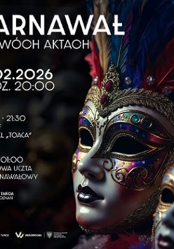 Zdjęcie ozdobnej maski z piórami. Z lewej strony informacje na temat wydarzenia, ciemne tło.