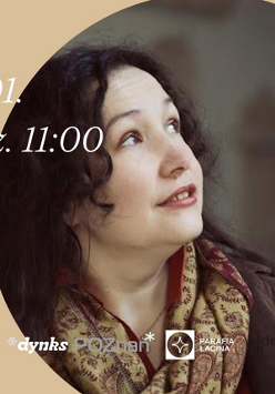 Portret kobiety z ciemnymi kręconymi włosami, patrzącej w górę, na jasnym tle. Wokół informacje o wydarzeniu zawarte w treści artykułu oraz loga organizatorów.