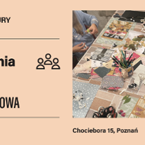 Jasne, pomarańczowe, jednolite tło. Z prawej strony zdjęcie przedstawiające stół, na którym lezą rozmaite, kolorowe wycinanki. Widać także dłonie dzieci, które coś naklejają lub przycinają. Z lewej strony informacje o wydarzeniu i organizatorach, zawarte w treści artykułu.