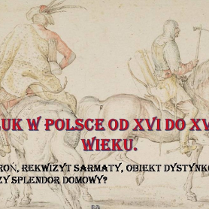 Rysunek prezentujący dóch mężczyzn siedzących na koniach z różnego rodzaju orężem. Na froncie tytuł wykładu zapisany czerwonymi literami z niebieskim konturem.