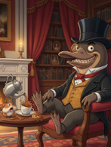 Grafika w stylu kreskówkowym: elegancko ubrany dziobak w cylindrze siedzi w fotelu przy kominku w bibliotece. Obok na stoliku znajduje się filiżanka, czajnik i małe zwierzątko, a w tle widać regały z książkami i ciepłe światło z kominka. Powyżej umieszczono zegar i obraz. W lewym órym rogu umieszczono żółty znak z ilustracją dziobaka i napisem: "La vida impro".".