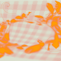 Abstrakcyjne kształty przypominające kompozycję kwiatową w kolorze pomarańczowym na tle ledwo widocznej biało-czerwonej ceraty w kratkę.