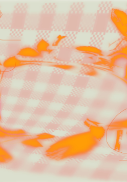Abstrakcyjne kształty przypominające kompozycję kwiatową w kolorze pomarańczowym na tle ledwo widocznej biało-czerwonej ceraty w kratkę.