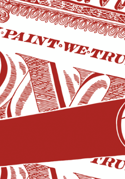 Grafika przedstawia fragment stylizowanego projektu graficznego, utrzymanego w dwukolorowej, biało-czerwonej kolorystyce. Kompozycja nawiązuje estetyką do klasycznych grawerunków banknotowych lub ozdobnych papierów wartościowych.