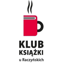 Na białym tle widnieje czerwony kształt będący jednocześnie książką oraz kubkiem z uszkiem, z którego paruje gorący napój. Podpis pod grafiką brzmi Klub książki u Raczyńskich