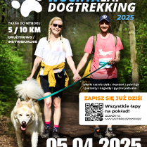 Plakat wydarzenia Dogtrekking Wuchła Łap - kobieta i mężczyzna idą lasem w sportowych strojach prowadząc psa na smyczy. Na górze nazwa wydarzenia, na dole termin i miejsce. Z boku wymienione główne atrakcje i kod QR do zapisów