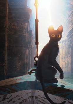 Animowany kot siedzi na dziobie łodzi, płynącej między zalanymi budynkami.