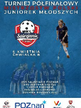 logo Uczniowskiego Klubu Sportowego Salezjanie w Poznaniu i postac zawodniczki na niebieskim tle