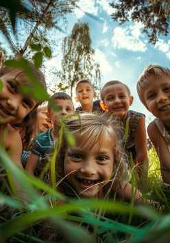 Grupa uśmiechniętych dzieci pochyla się nad aparatem. Dookoła nich rośliny.