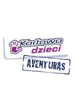 Rysunek dłoni po lewej stronie. W centrum napis o treści Kortowo dzieci, na który w dolnej części nachodzi napis o treści aventuras, napisany dużymi literami.
