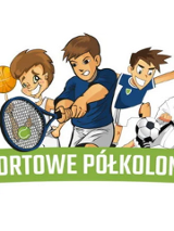 Rysunek wielu postaci uprawiających różne dyscypliny sportu, podpis o treści sportowe półkolonie.