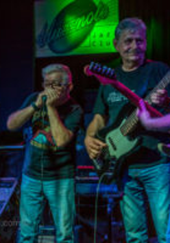 Zdjęcie przedstawiające trzech mężczyzn grających na instrumentach na scenie klubu Blue Note