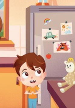 Kolorowa ilustracja przedstawia rodziców i dziecko siedzących w kuchni. Wszyscy mają brązowe włosy. Na blacie stoi zabawkowa małpka. W tle lodówka z ilustracjami i kuchenne meble.