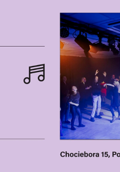 Plakat Domu Kultury AZK zachęcający do wzięcia udziału w tanecznej imprezie. Z prawej strony zdjęcie tańczącej pary, z lewej napisy, które informują o wydarzeniach.