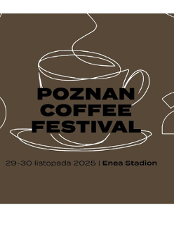 Na brązowym tle grafika filiżanki z kawą.