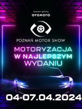 Napis:"Otomoto. Poznań Motor Show. Motoryzacja w najlepszym wydaniu. 04-07.04.2024". Grafika ze sportowym samochodem, który jest oświetlony przez kolorowe neony.