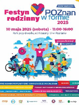 Kolorowy plakat, który reklamuje piknik Poznań w formie. W centralnej części rysunek różnych osób, wykonujących różne czynności: podnoszenie ciężarów, jazdę na rowerze, hulajnodze... Dookoła napisy, które informują o wydarzeniu.