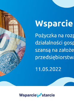 Z prawej tytuł szkolenia Pożyczka na rozpoczęcie działalności gospodarczej "Wsparcie w Starcie" - szansą na założenie i rozwój przedsiębiorstwa 11.05.2022. Na dole logotypy organizatorów: Poznań Biznes Partner, Wsparcie w starcie i Polska Fundacja Przedsiębiorczości. Z lewej banknoty euro.