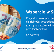 Z lewej strony zdjęcie banknotów Euro. Z prawej tytuł wydarzenia: Pożyczka na rozpoczęcie działalności gospodarczej "Wsparcie w Starcie" - szansą na założenie i rozwój przedsiębiorstwa, 2.06.2022. Na dole logotypy organizatorów: Poznań Biznes Partner, Wsparcie w starcie i Polska Fundacja Przedsiębiorczości.