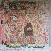 Praca współna. Postaci kobiet - grafika. Całość pokryte malunkami w czerwieni.