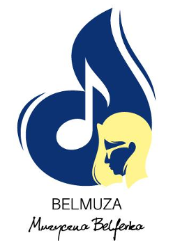 Logo pracowni muzycznej Belmuza. Niebieska nutka i profil kobiety z blond włosami i okularami.